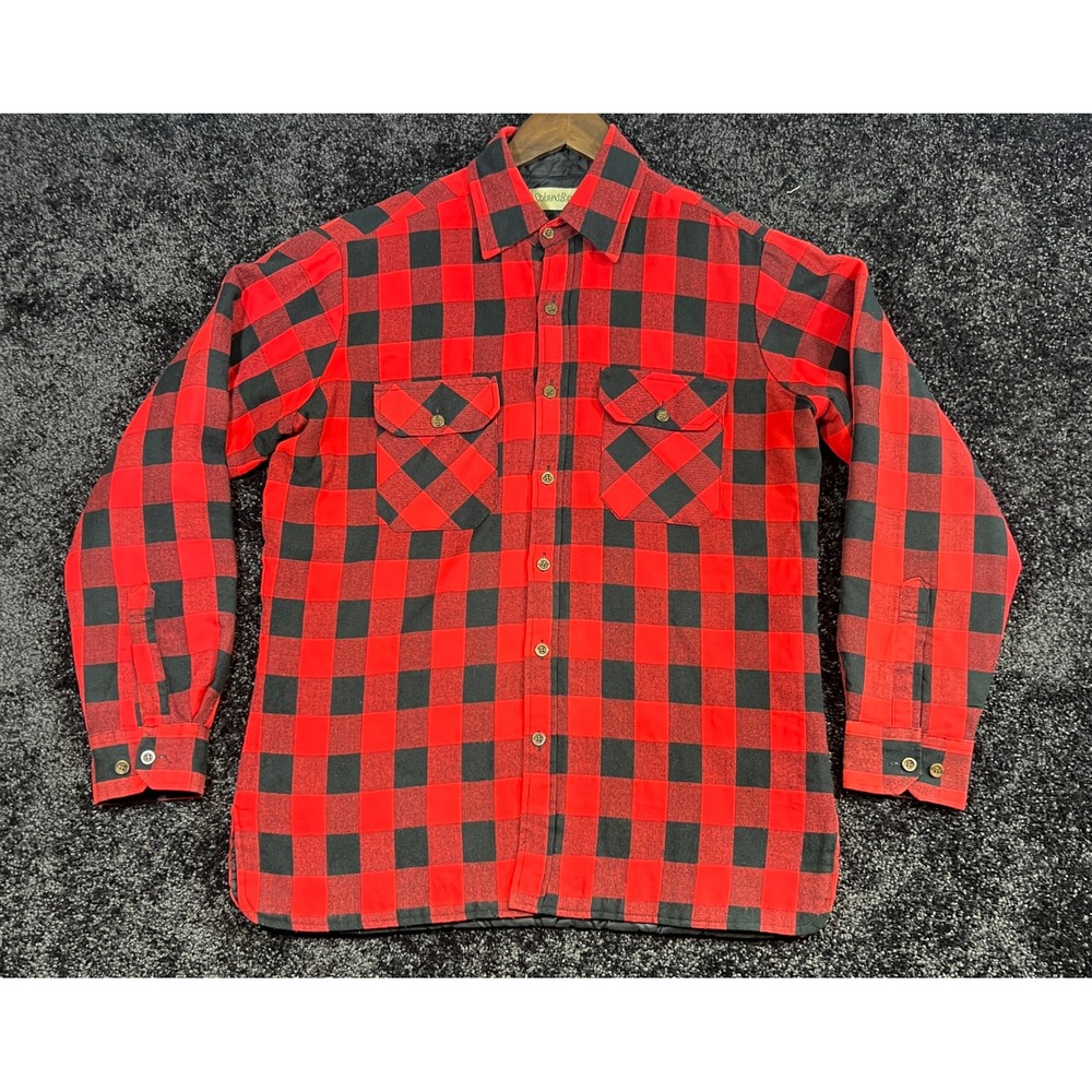 Vintage 80s St Johns Bay Mens Buffalo Plaid Quilted Lined Shirt Jacket Red Black